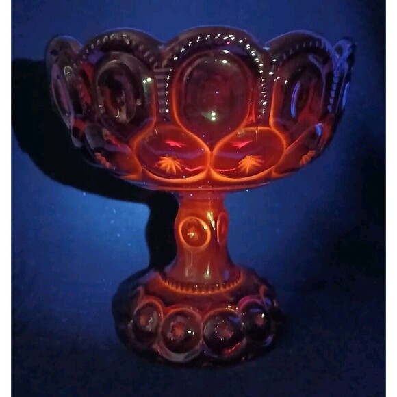 12" L.E. Smith Ruby Red Moon & Star Footed Candy Dish w/ Lid UV GLOW - Picture 8 of 8